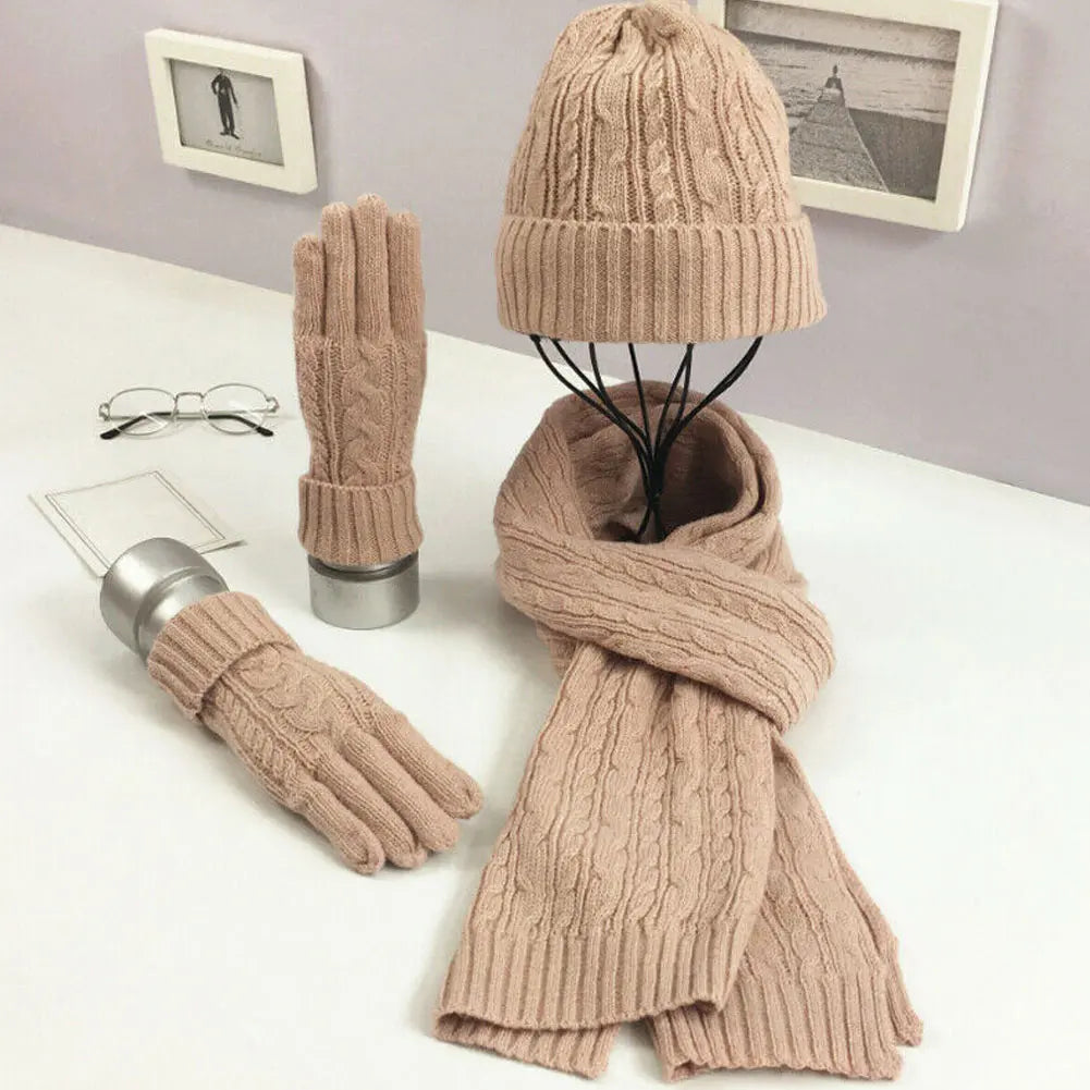 Women's Fashion Winter Set | Thick Knit Woollen Hat Scarf Gloves