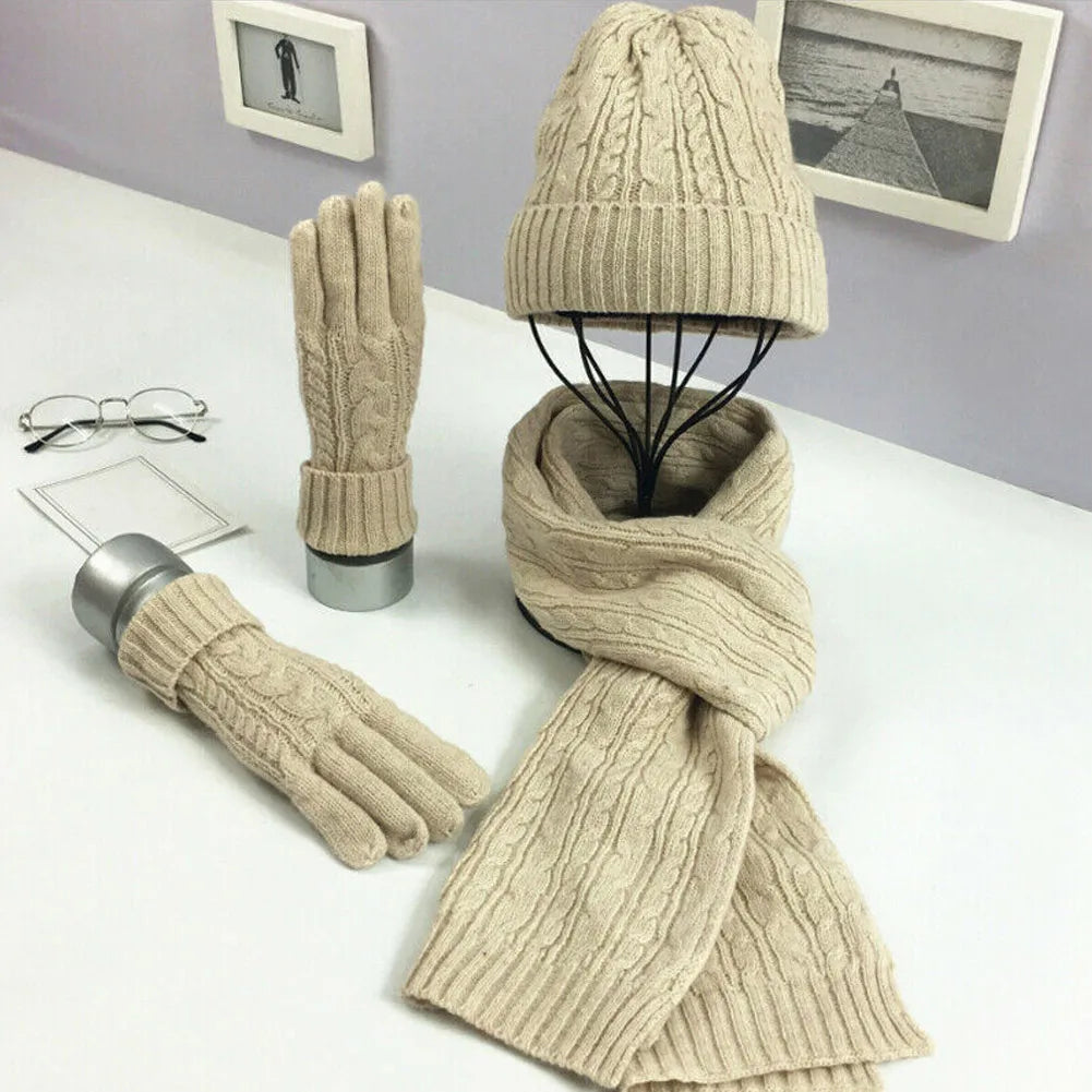 Women's Fashion Winter Set | Thick Knit Woollen Hat Scarf Gloves