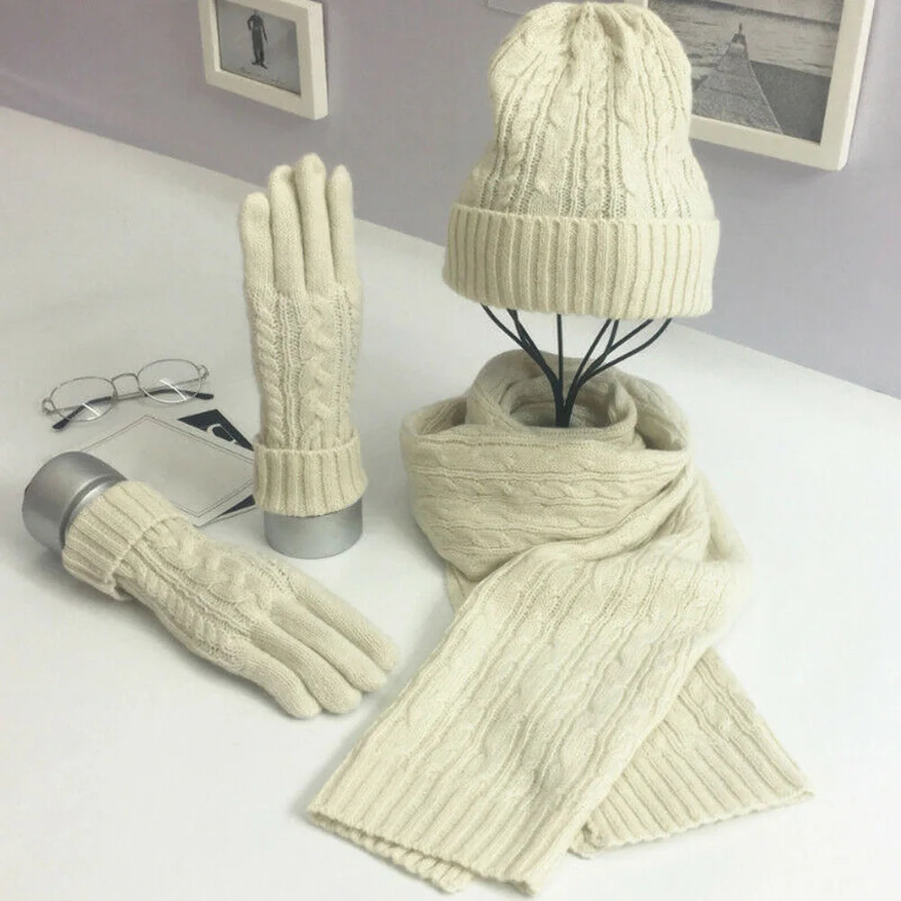 Women's Fashion Winter Set | Thick Knit Woollen Hat Scarf Gloves