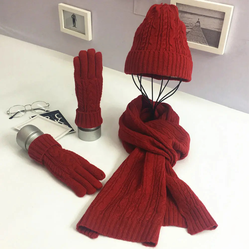 Women's Fashion Winter Set | Thick Knit Woollen Hat Scarf Gloves