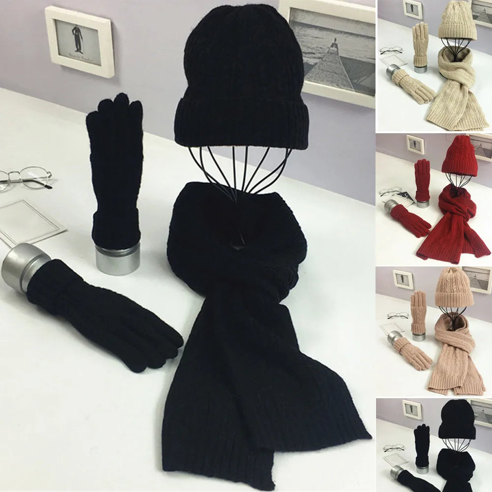 Women's Fashion Winter Set | Thick Knit Woollen Hat Scarf Gloves