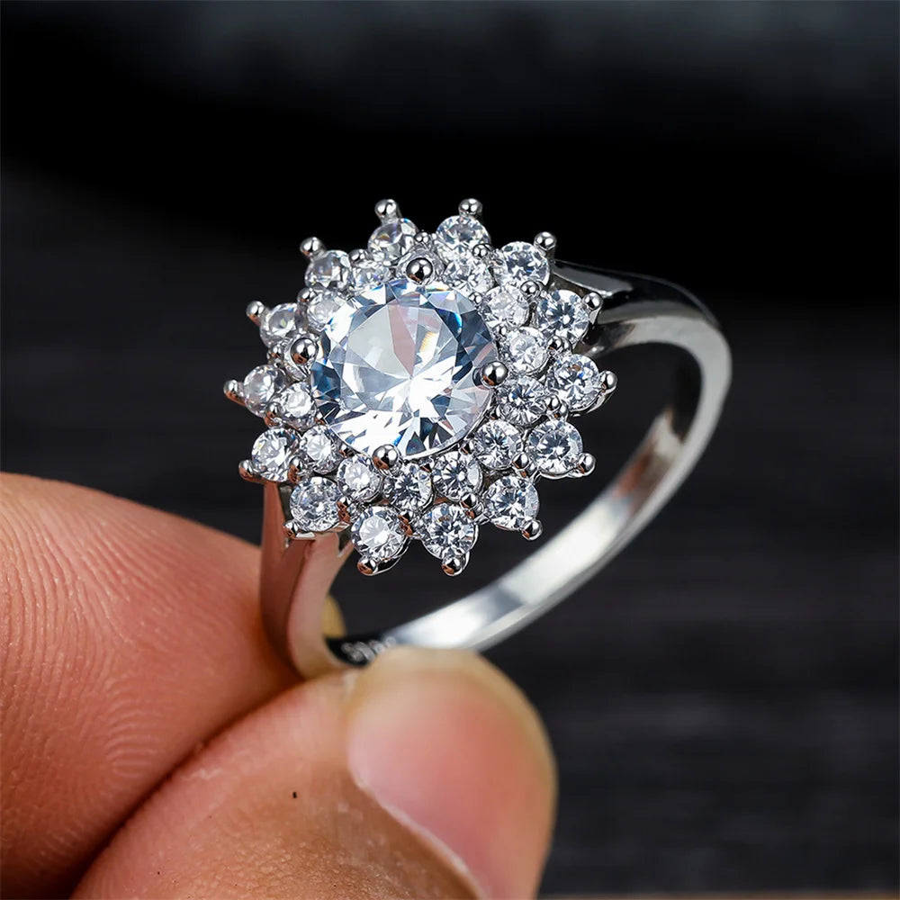 Luxury Female Crystal White Round Zircon Stone Sunflower Engagement Ring Vintage Yellow Gold Color Wedding Jewelry For Women