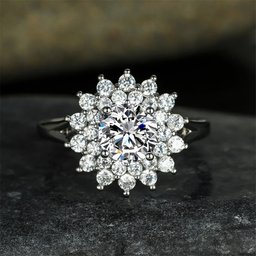 Luxury Female Crystal White Round Zircon Stone Sunflower Engagement Ring Vintage Yellow Gold Color Wedding Jewelry For Women