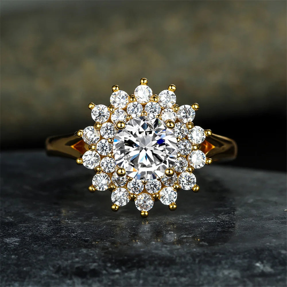 Luxury Female Crystal White Round Zircon Stone Sunflower Engagement Ring Vintage Yellow Gold Color Wedding Jewelry For Women