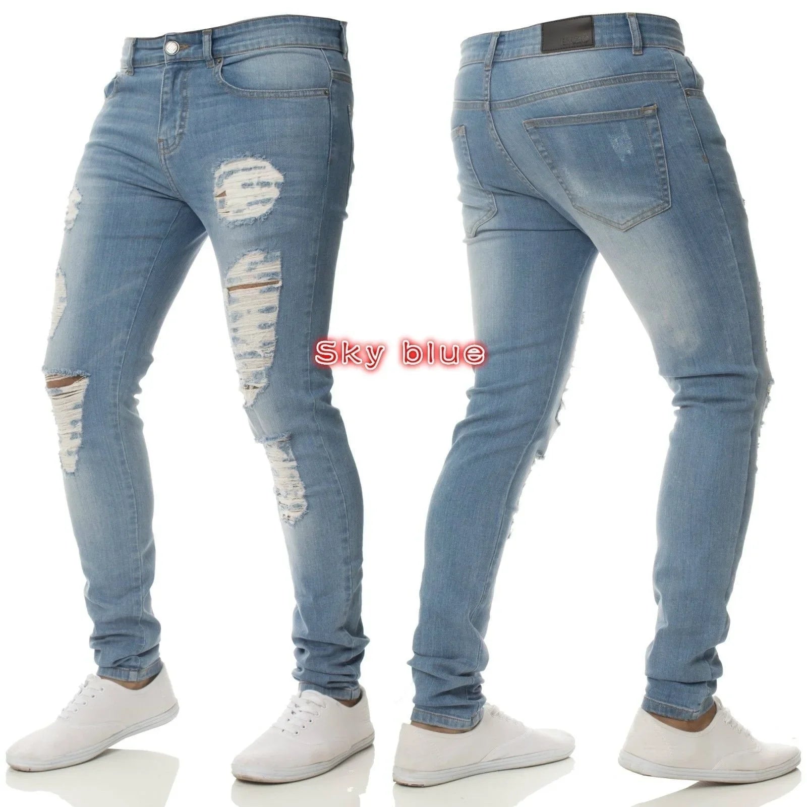 Men's White Ripped Jeans - Hip Hop Embroidery Slim Fit