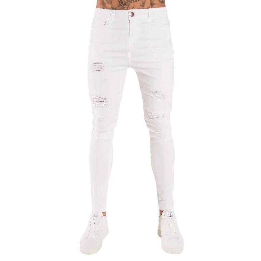 Men's White Ripped Jeans - Hip Hop Embroidery Slim Fit