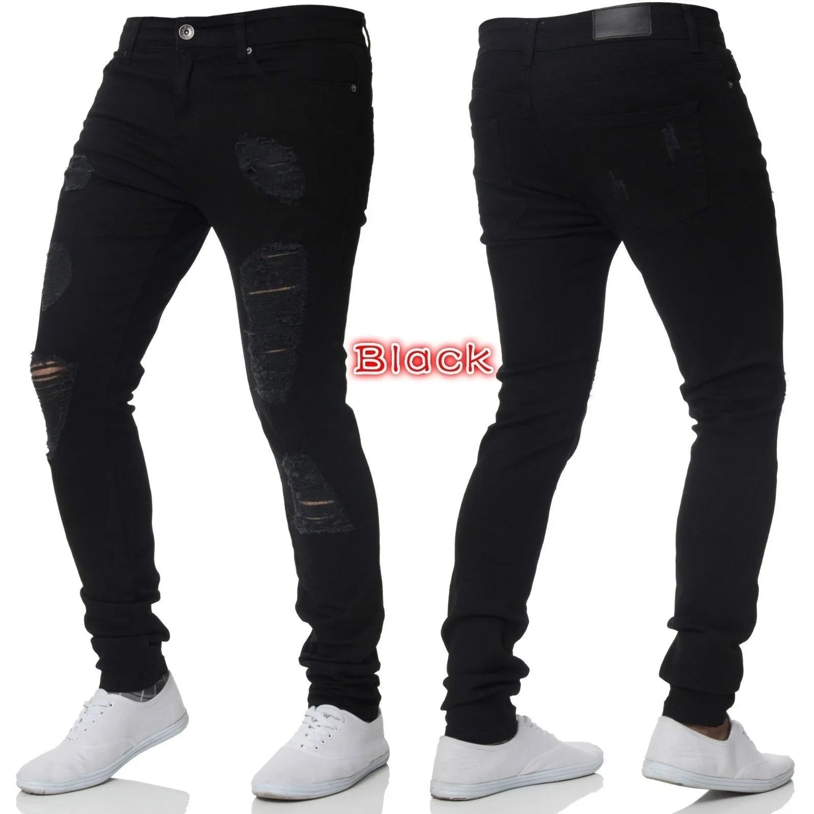 Men's White Ripped Jeans - Hip Hop Embroidery Slim Fit