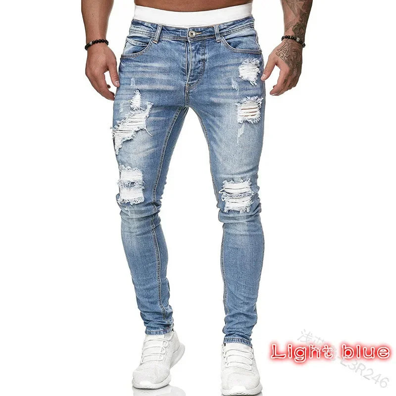 Men's White Ripped Jeans - Hip Hop Embroidery Slim Fit