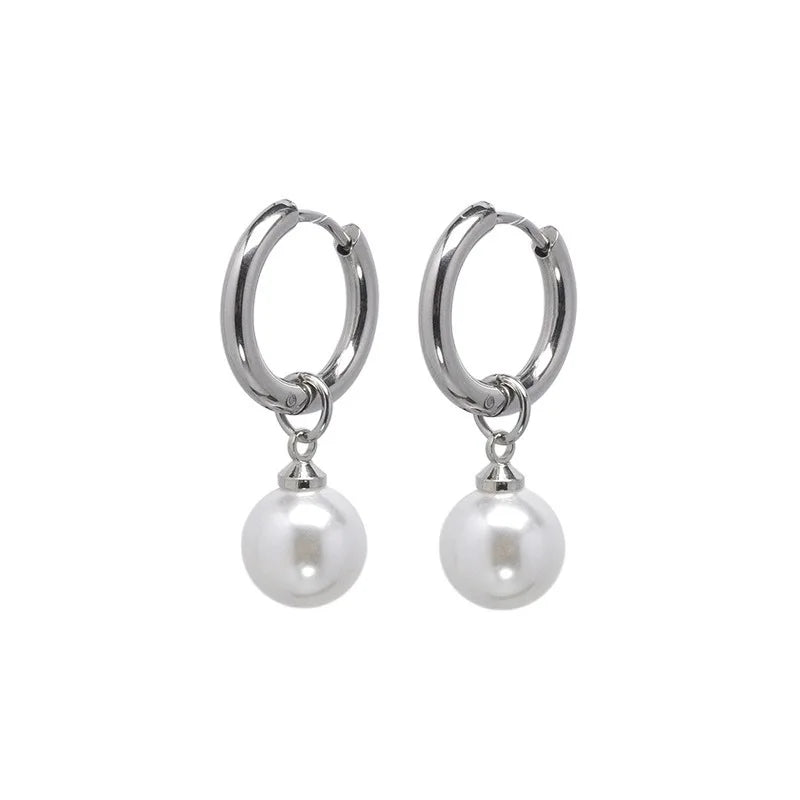 1Pair New In Fashion Elegant Imitation Pearl Dangle Earrings Titanium steel No Piercing Earrings For Women Men Pendient Ear Stud