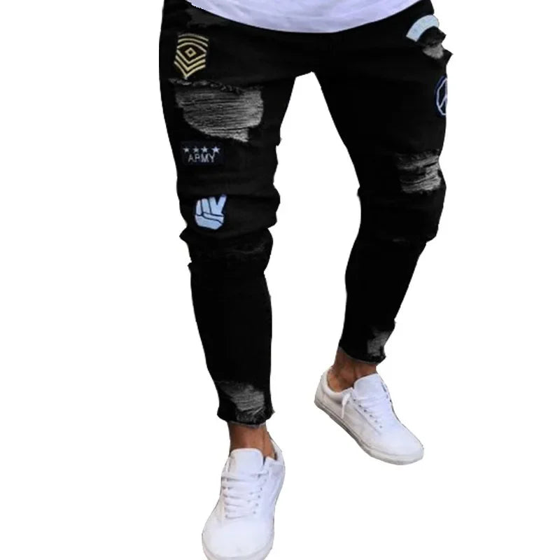 Men's White Ripped Jeans - Hip Hop Embroidery Slim Fit