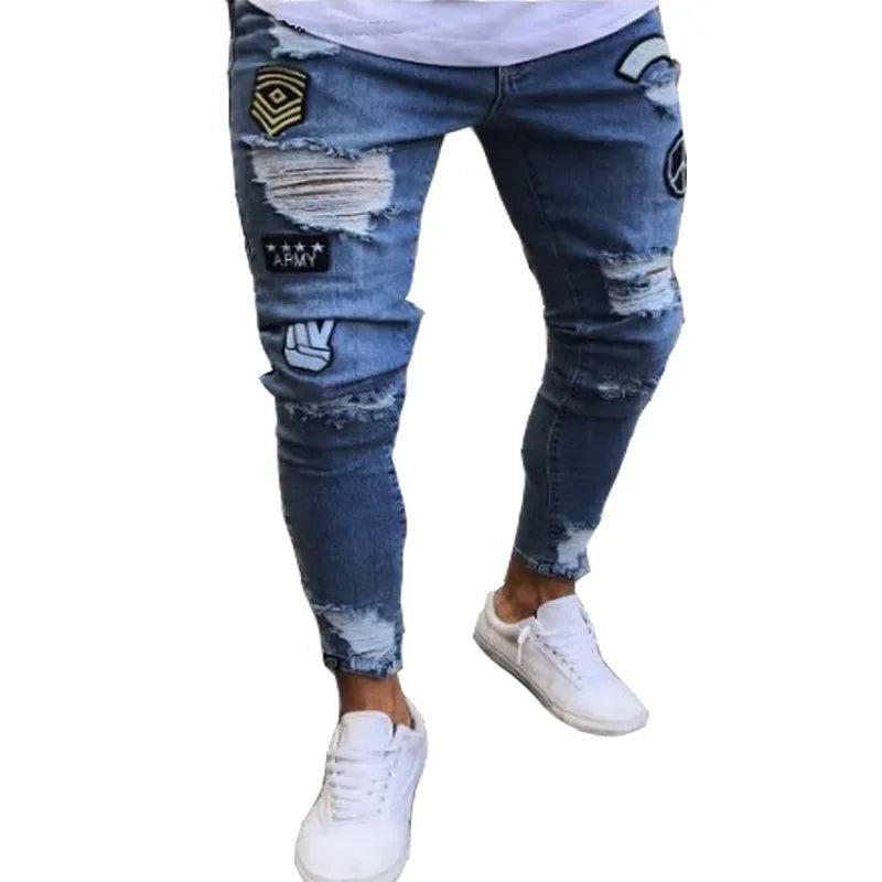 Men's White Ripped Jeans - Hip Hop Embroidery Slim Fit