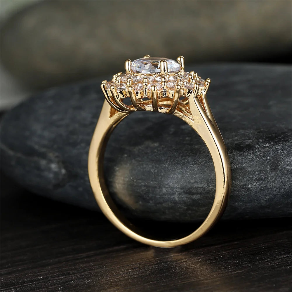 Luxury Female Crystal White Round Zircon Stone Sunflower Engagement Ring Vintage Yellow Gold Color Wedding Jewelry For Women