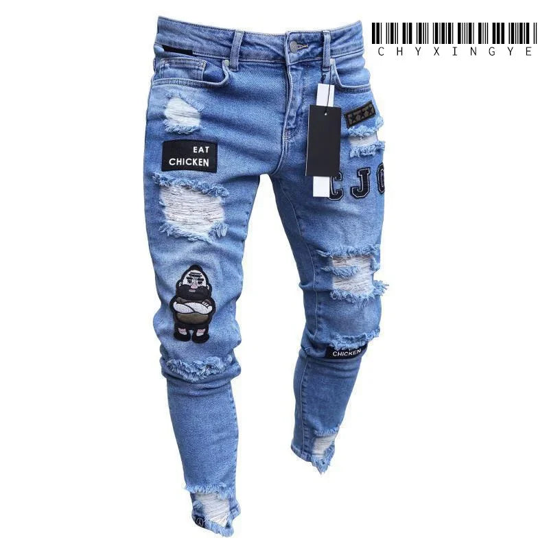 Men's White Ripped Jeans - Hip Hop Embroidery Slim Fit