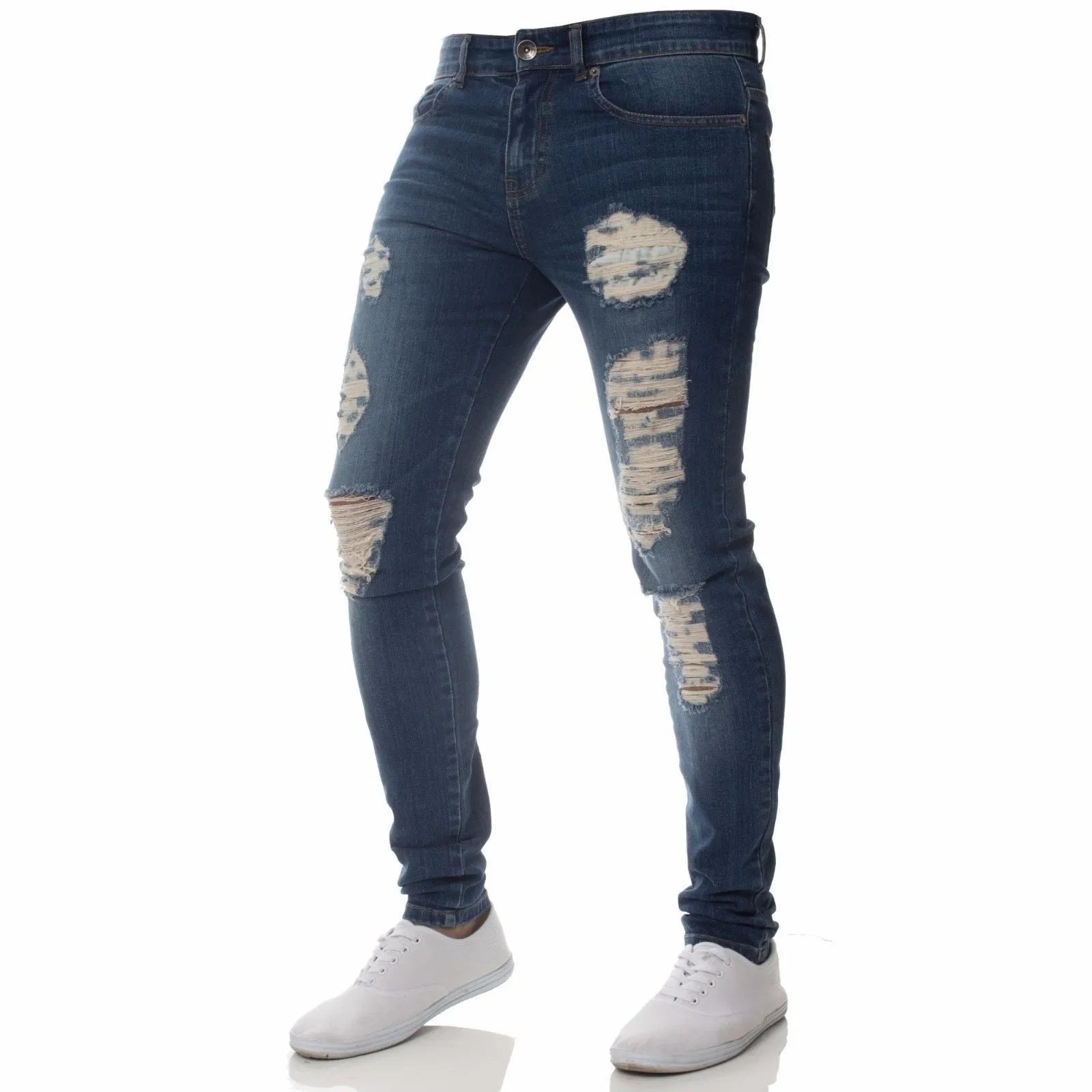 Men's White Ripped Jeans - Hip Hop Embroidery Slim Fit