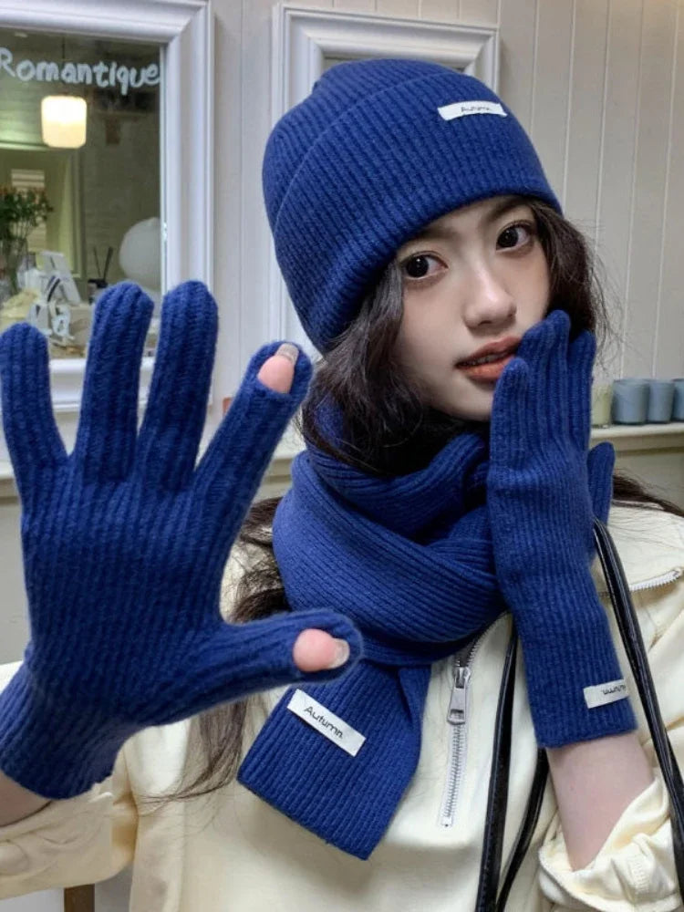 Women's Korean Winter Set | Hat Scarf Gloves Touch Screen
