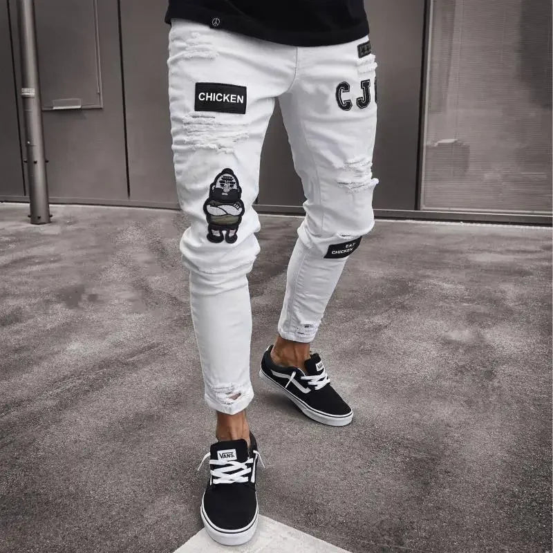 Men's White Ripped Jeans - Hip Hop Embroidery Slim Fit