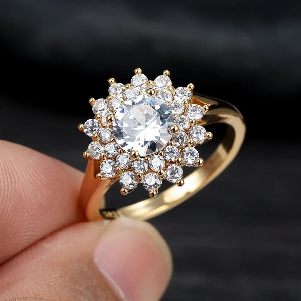 Luxury Female Crystal White Round Zircon Stone Sunflower Engagement Ring Vintage Yellow Gold Color Wedding Jewelry For Women
