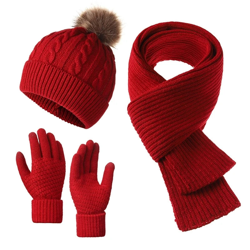 Women's Christmas Winter Set | Red Hat Scarf Gloves 3 Pieces