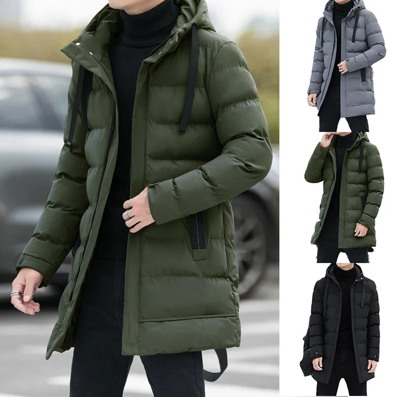 Men's Long Quilted Puffer Jacket - Hooded Winter Parka