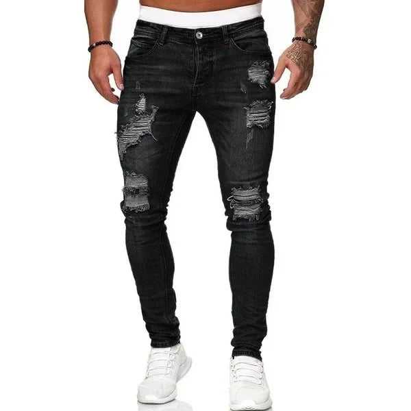 Men's White Ripped Jeans - Hip Hop Embroidery Slim Fit