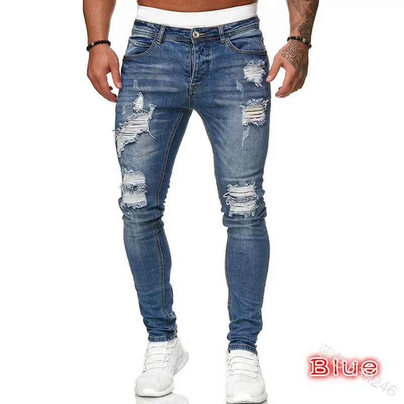 Men's White Ripped Jeans - Hip Hop Embroidery Slim Fit