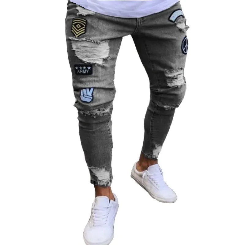 Men's White Ripped Jeans - Hip Hop Embroidery Slim Fit