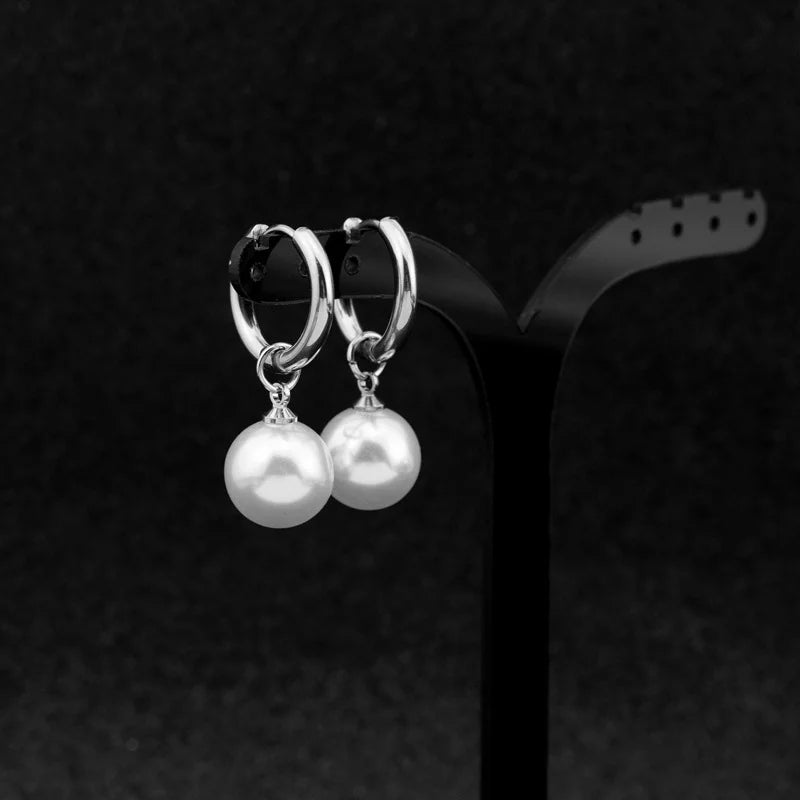 1Pair New In Fashion Elegant Imitation Pearl Dangle Earrings Titanium steel No Piercing Earrings For Women Men Pendient Ear Stud