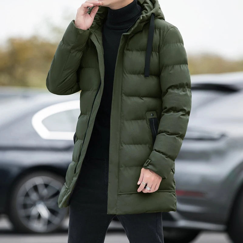 Men's Long Quilted Puffer Jacket - Hooded Winter Parka