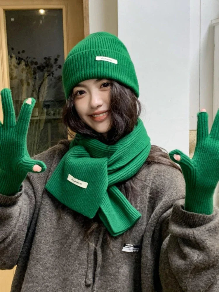 Women's Korean Winter Set | Hat Scarf Gloves Touch Screen