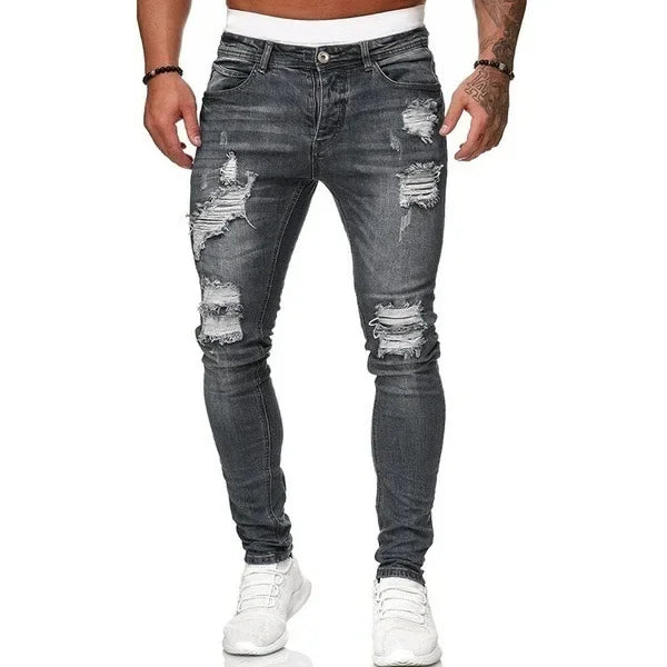 Men's White Ripped Jeans - Hip Hop Embroidery Slim Fit