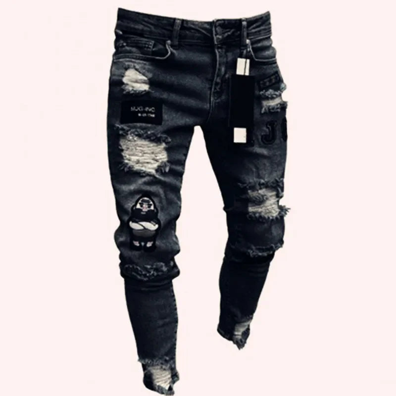 Men's White Ripped Jeans - Hip Hop Embroidery Slim Fit
