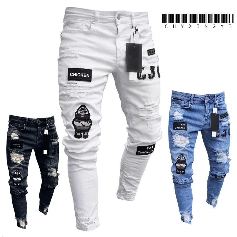 Men's White Ripped Jeans - Hip Hop Embroidery Slim Fit