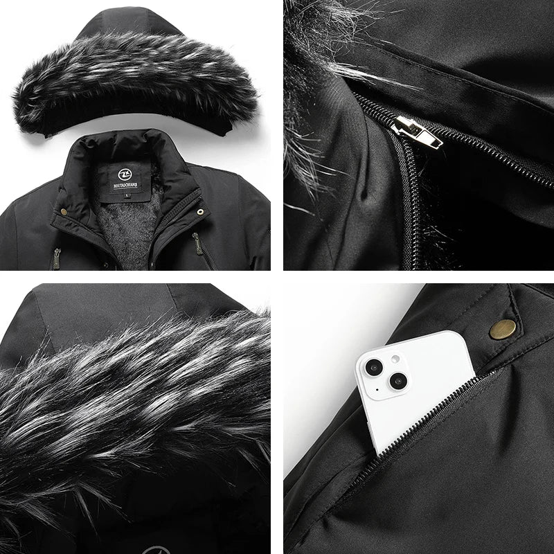 Men's Fur Collar Windproof Parka | Detachable Hood Winter Jacket