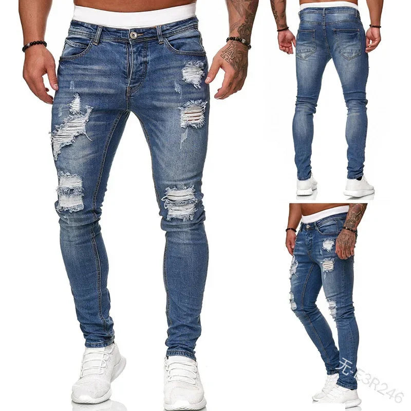 Men's White Ripped Jeans - Hip Hop Embroidery Slim Fit