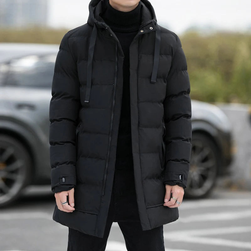 Men's Long Quilted Puffer Jacket - Hooded Winter Parka
