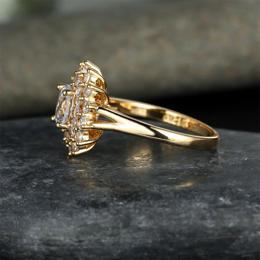 Luxury Female Crystal White Round Zircon Stone Sunflower Engagement Ring Vintage Yellow Gold Color Wedding Jewelry For Women