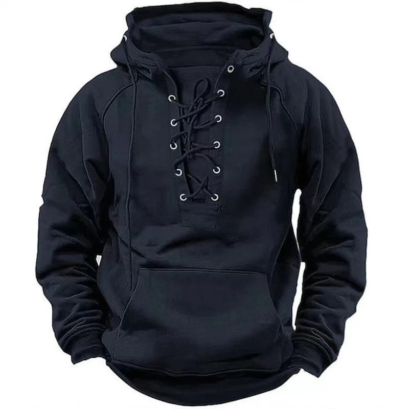 Autumn Fashion Mens Hooded Sweatshirts Lace-up Drawstring Long Sleeve Loose Hoodies Men Streetwear Vintage Solid Color Hoodies