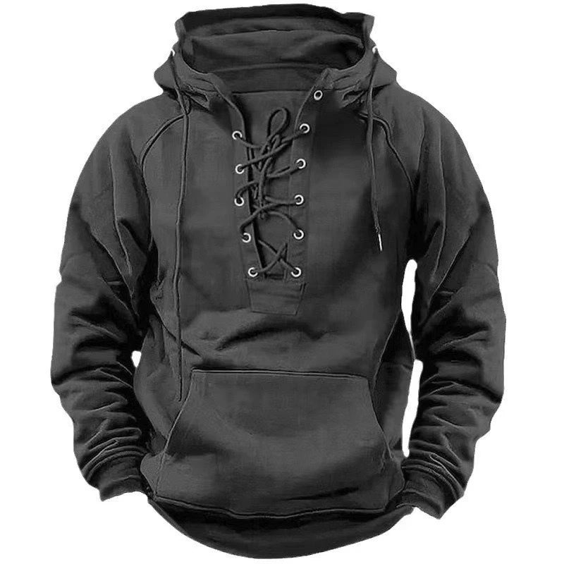 Autumn Fashion Mens Hooded Sweatshirts Lace-up Drawstring Long Sleeve Loose Hoodies Men Streetwear Vintage Solid Color Hoodies