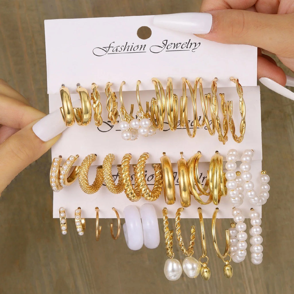 18 Pcs Fashion Creative Earring Set for Women Boho Gold Color Pearl Big Circular Hoop Earring Trendy Daily Life Jewelry Gifts