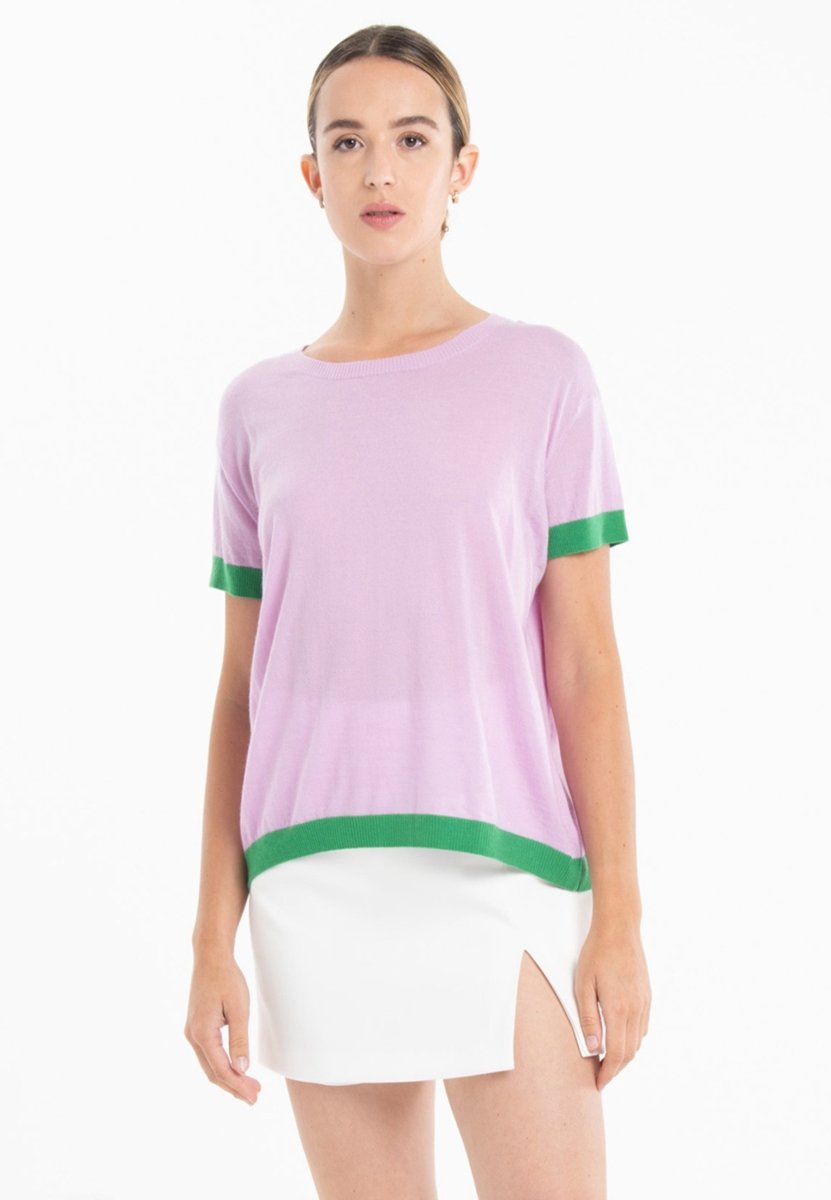 T shirt col rond manches courtes femme en cachemire & laine ultrafin lavande & vert - KELLY 1-0