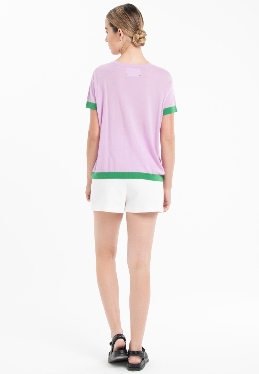 T shirt col rond manches courtes femme en cachemire & laine ultrafin lavande & vert - KELLY 1-2